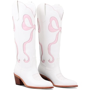 image:imageLingxiaUne Western Cowboy Boots  White Cowboy Boots with Bow Mid Calf Cowgirl Boot for Women Comfortable Chunky Heel Ideal for Country Night PartyLight Pink