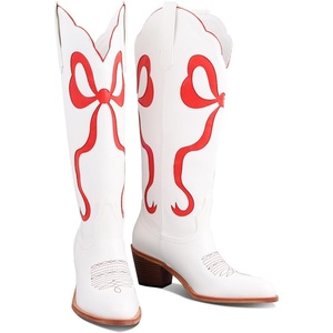 image:imageLingxiaUne Western Cowboy Boots  White Cowboy Boots with Bow Mid Calf Cowgirl Boot for Women Comfortable Chunky Heel Ideal for Country Night PartyRed