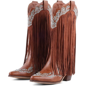 image:imageLingxiaUne Western Cowboy Boots  White Cowboy Boots with Bow Mid Calf Cowgirl Boot for Women Comfortable Chunky Heel Ideal for Country Night PartyTan With Fringe