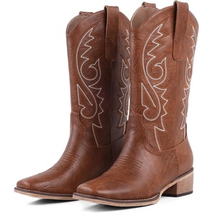 image:imageLingxiaUne Western Cowboy Boots  White Cowboy Boots with Bow Mid Calf Cowgirl Boot for Women Comfortable Chunky Heel Ideal for Country Night PartyTan With White Embroidery