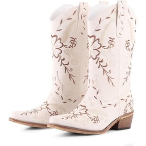 image:imageLingxiaUne Western Cowboy Boots  White Cowboy Boots with Bow Mid Calf Cowgirl Boot for Women Comfortable Chunky Heel Ideal for Country Night PartyWhite
