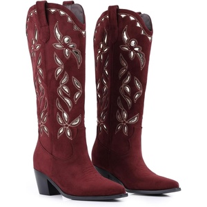 image:imageLingxiaUne Western Cowboy Boots  White Cowboy Boots with Bow Mid Calf Cowgirl Boot for Women Comfortable Chunky Heel Ideal for Country Night PartyWine Red Floral