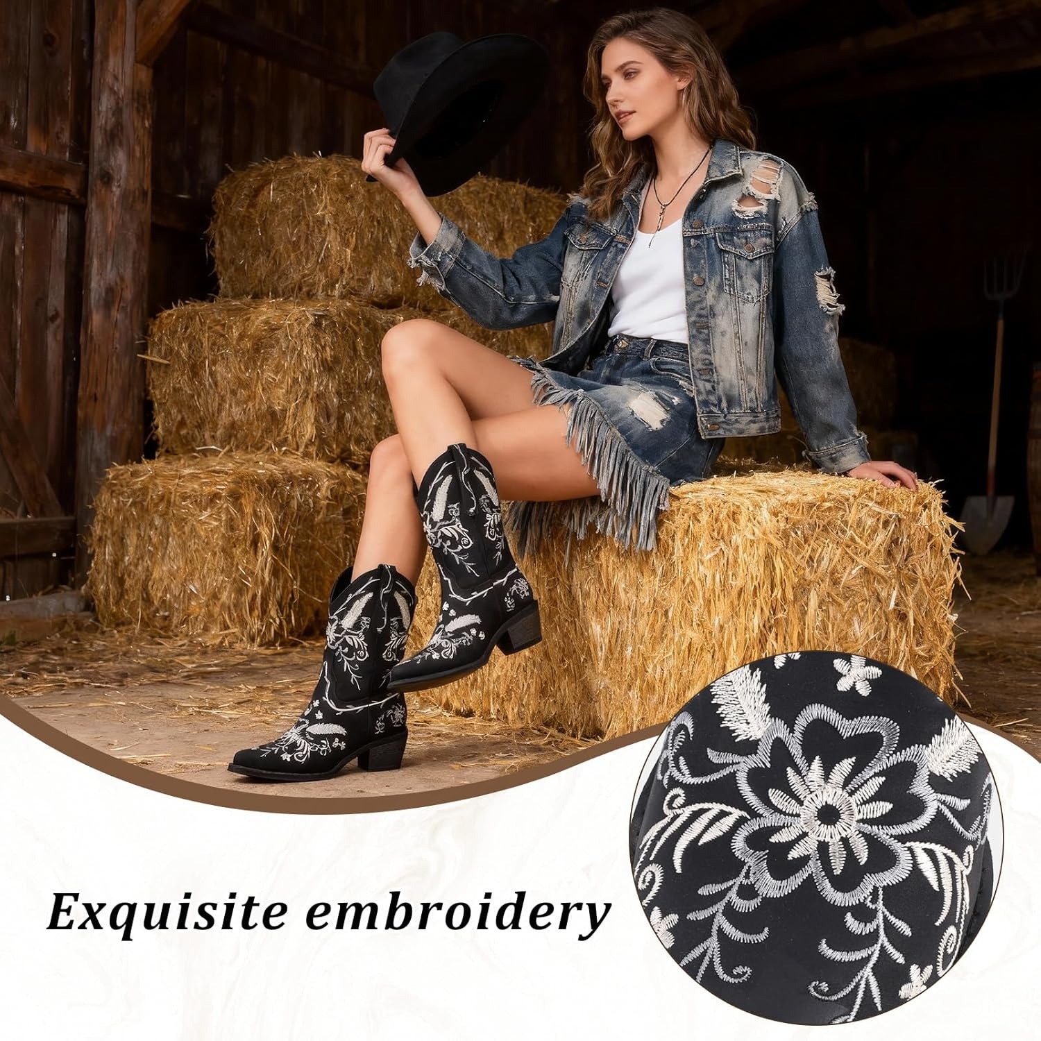 image:imageLingxiaUne Womens Cowboy BootsExquisitely Embroidered WesternStyle MidHeel Boots for Women Ankle Cowboy Boots For WomenBlack