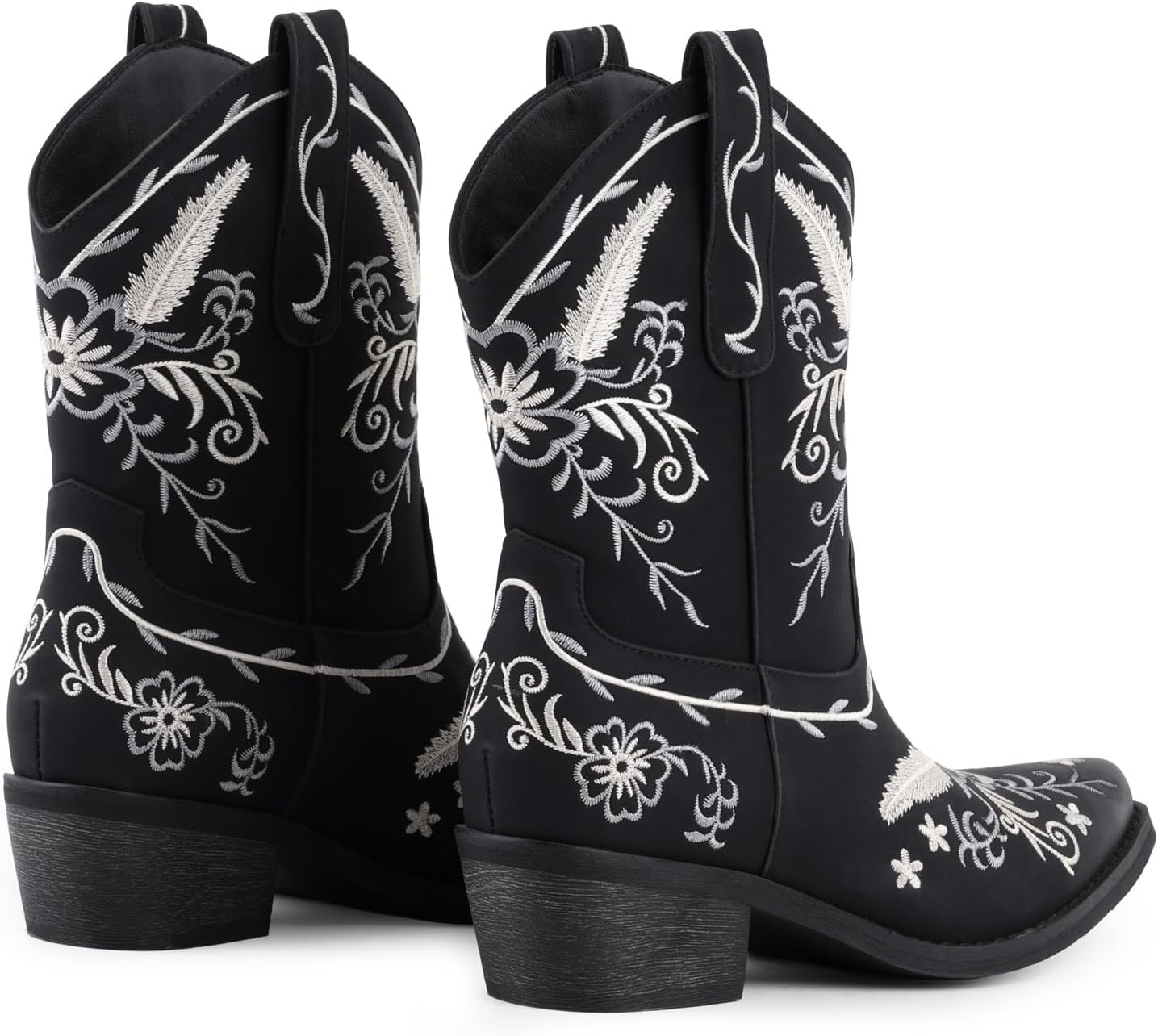 image:imageLingxiaUne Womens Cowboy BootsExquisitely Embroidered WesternStyle MidHeel Boots for Women Ankle Cowboy Boots For WomenBlack