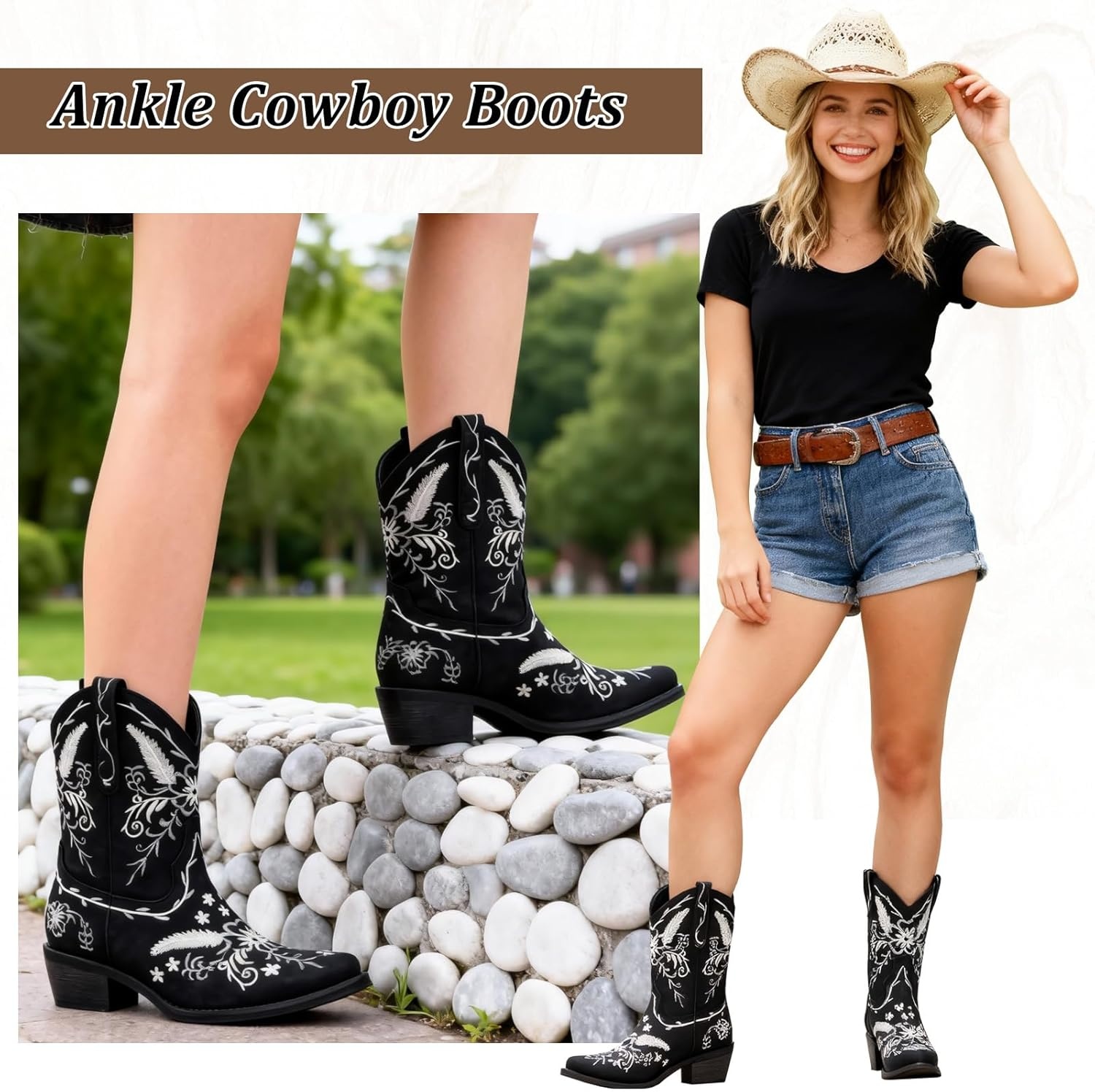 image:imageLingxiaUne Womens Cowboy BootsExquisitely Embroidered WesternStyle MidHeel Boots for Women Ankle Cowboy Boots For WomenBlack