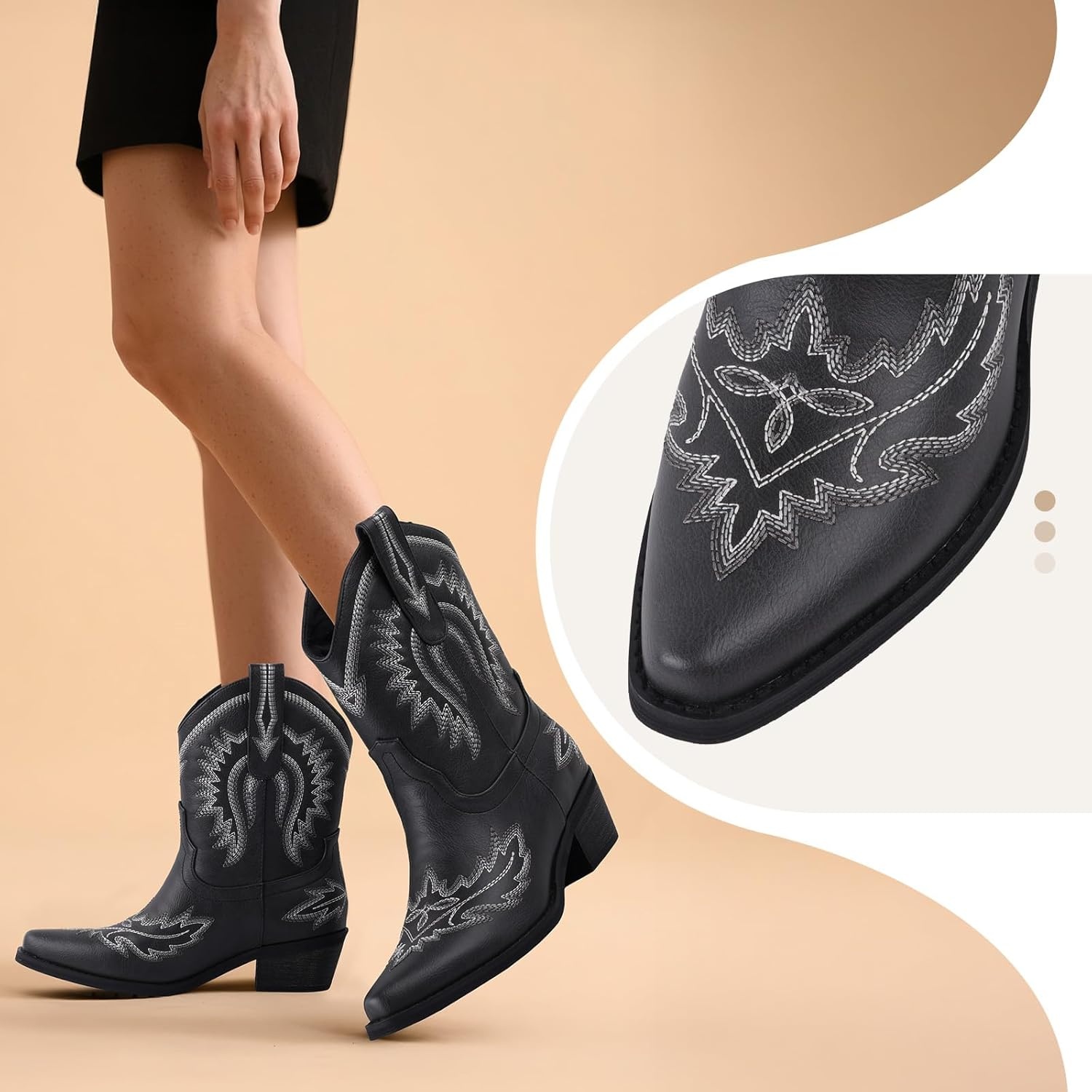 image:imageLingxiaUne Womens Cowboy BootsExquisitely Embroidered WesternStyle MidHeel Boots for Women Ankle Cowboy Boots For WomenBlackwhite Embroidery