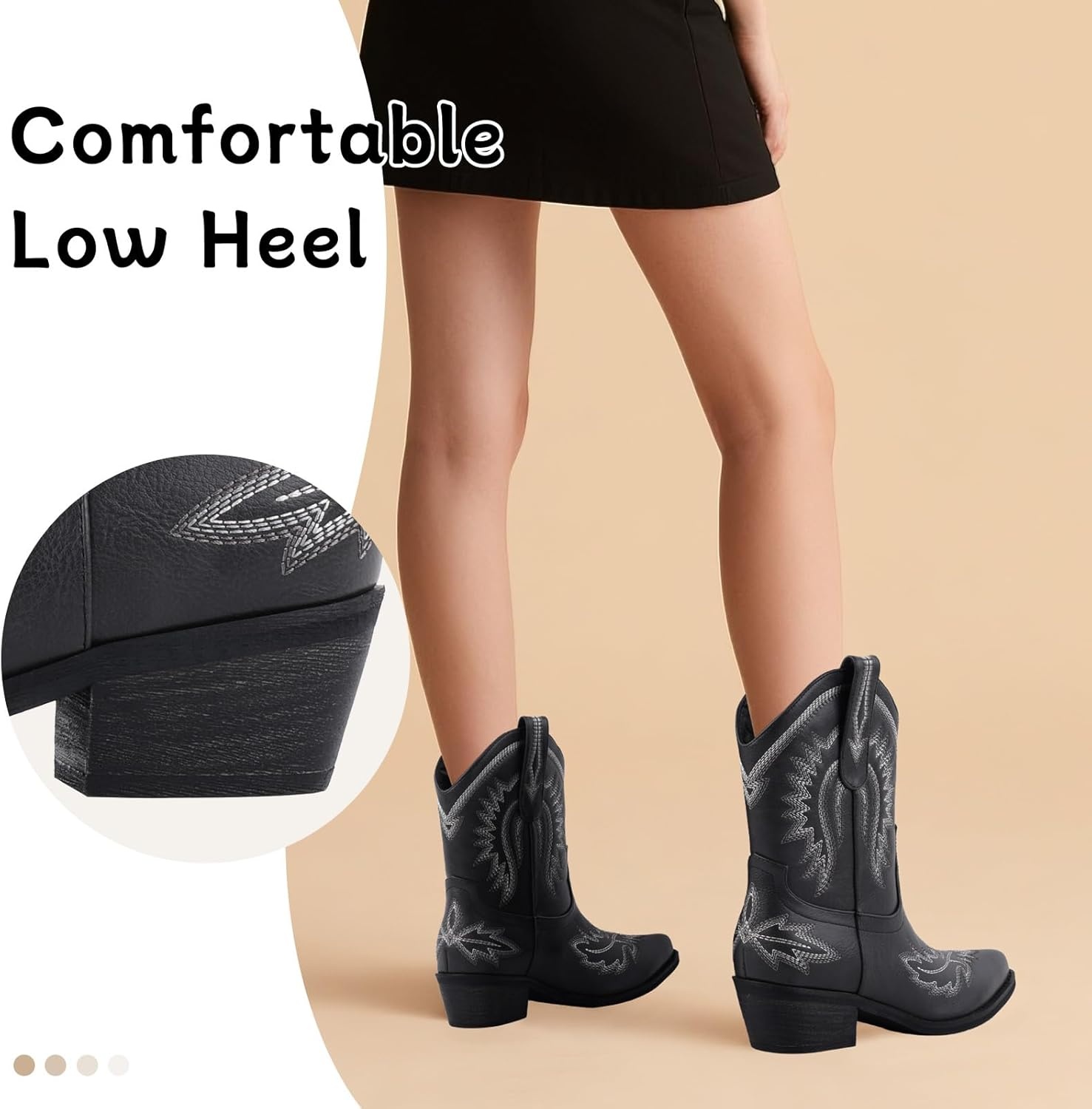 image:imageLingxiaUne Womens Cowboy BootsExquisitely Embroidered WesternStyle MidHeel Boots for Women Ankle Cowboy Boots For WomenBlackwhite Embroidery