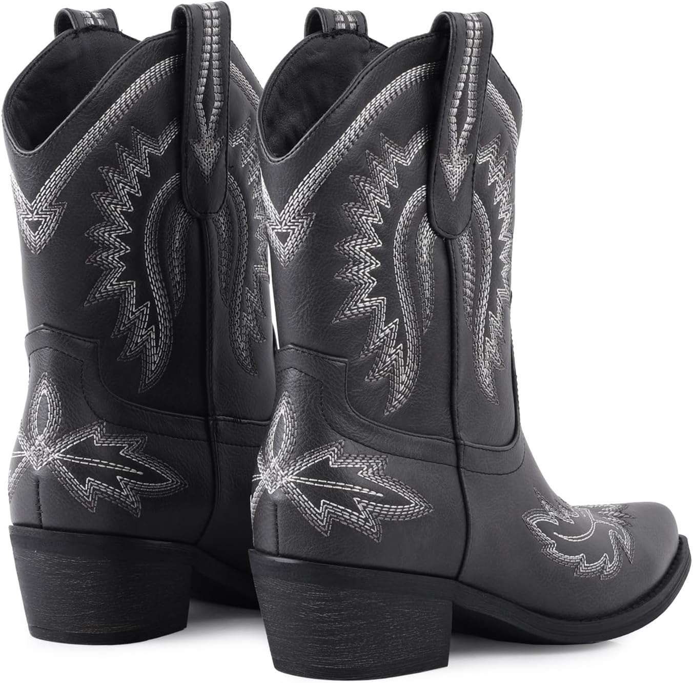 image:imageLingxiaUne Womens Cowboy BootsExquisitely Embroidered WesternStyle MidHeel Boots for Women Ankle Cowboy Boots For WomenBlackwhite Embroidery