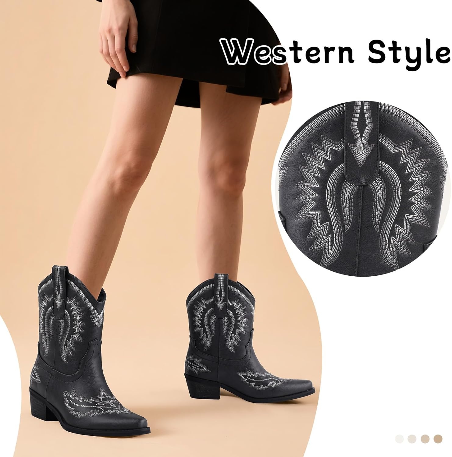 image:imageLingxiaUne Womens Cowboy BootsExquisitely Embroidered WesternStyle MidHeel Boots for Women Ankle Cowboy Boots For WomenBlackwhite Embroidery