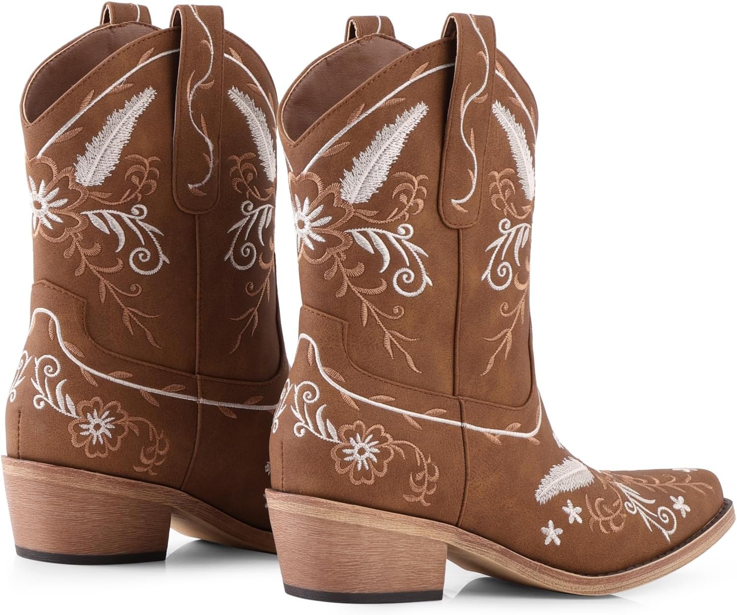 image:imageLingxiaUne Womens Cowboy BootsExquisitely Embroidered WesternStyle MidHeel Boots for Women Ankle Cowboy Boots For WomenBrown