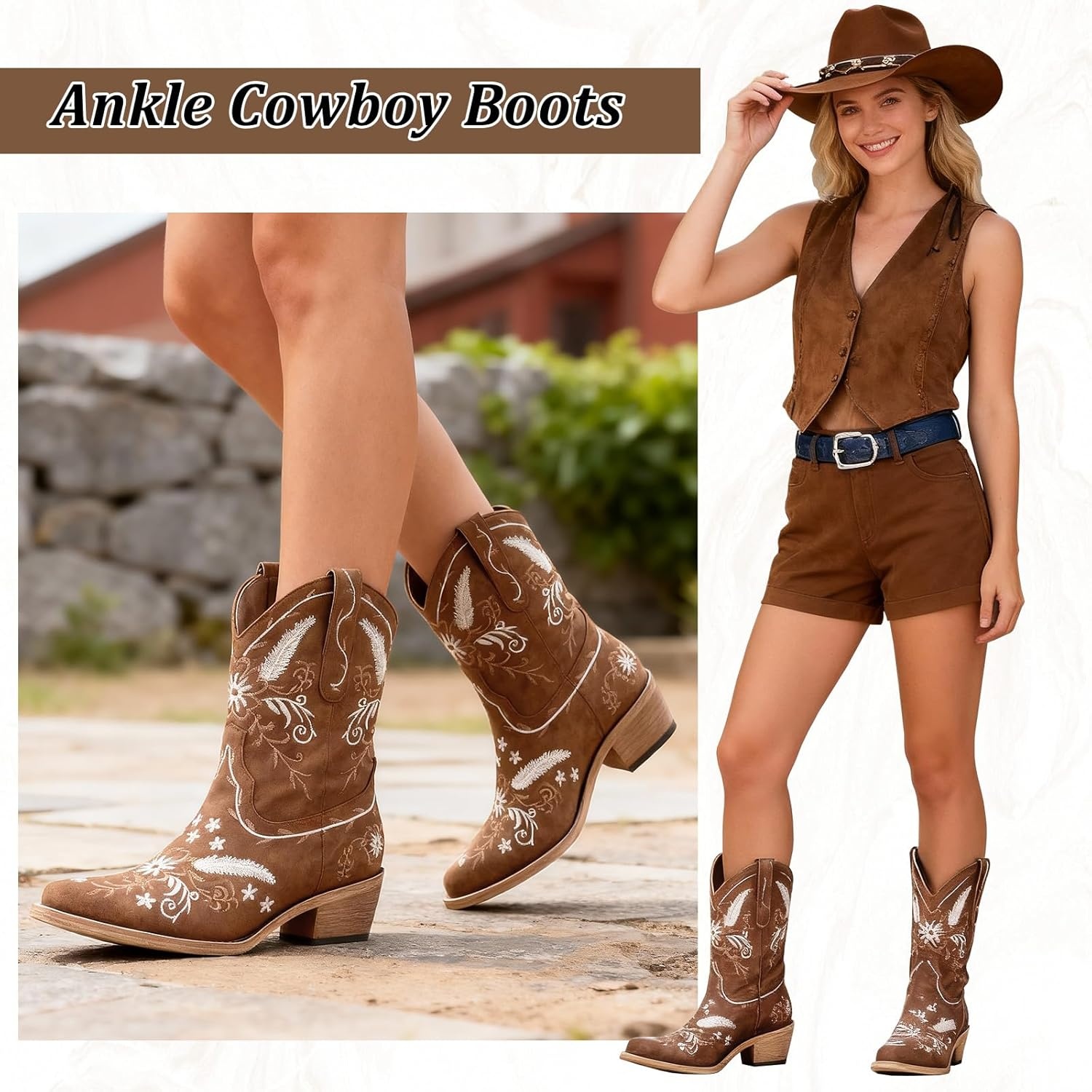 image:imageLingxiaUne Womens Cowboy BootsExquisitely Embroidered WesternStyle MidHeel Boots for Women Ankle Cowboy Boots For WomenBrown