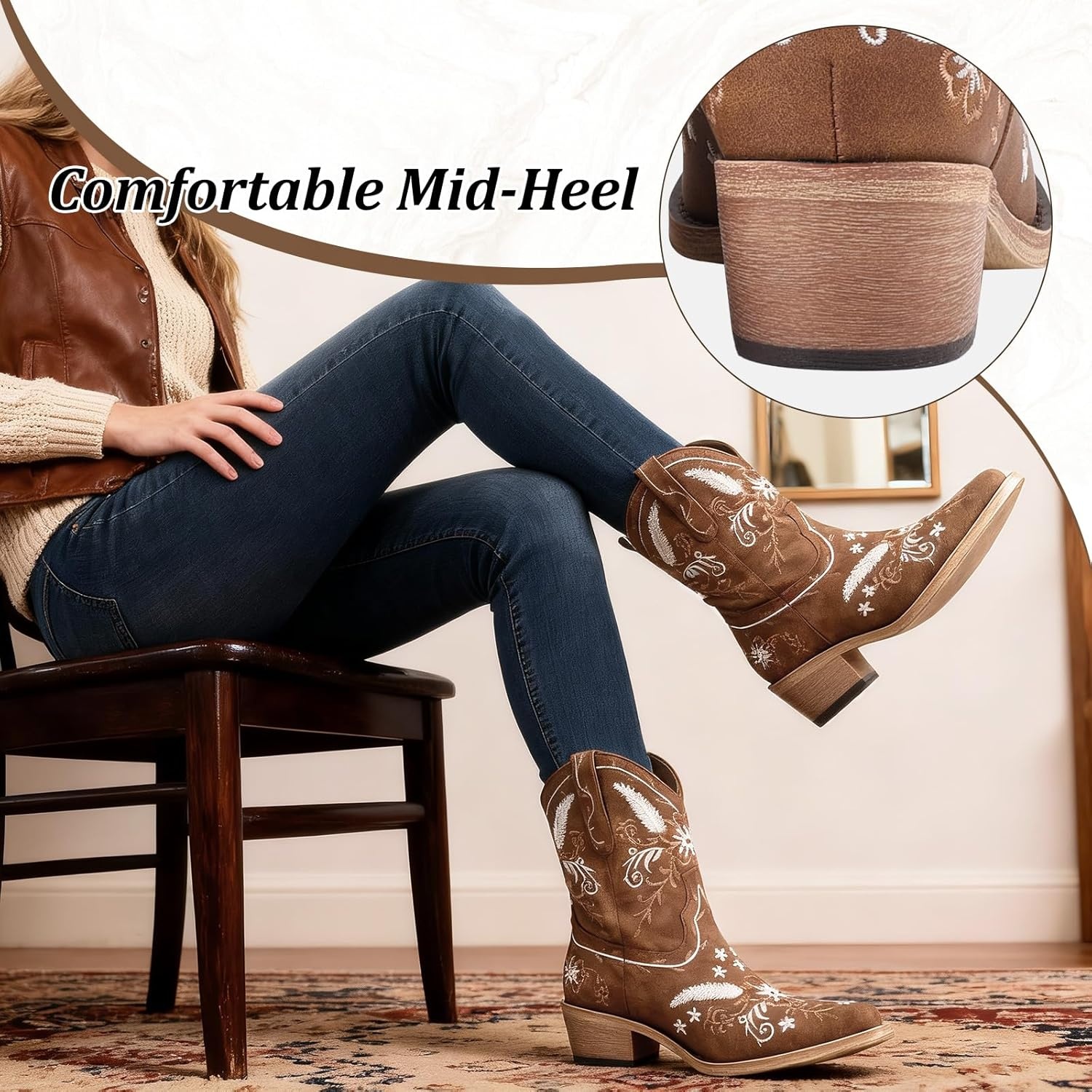 image:imageLingxiaUne Womens Cowboy BootsExquisitely Embroidered WesternStyle MidHeel Boots for Women Ankle Cowboy Boots For WomenBrown