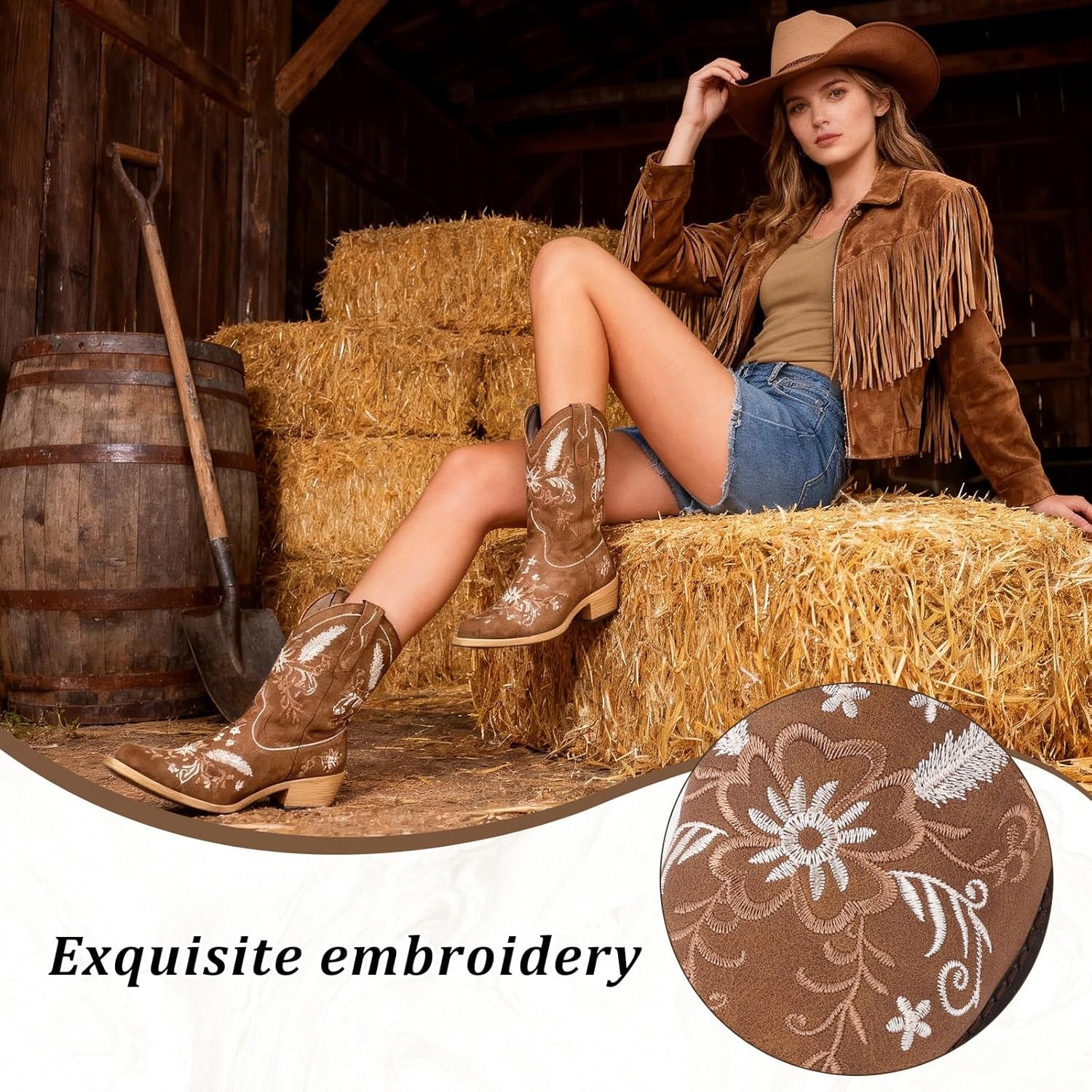 image:imageLingxiaUne Womens Cowboy BootsExquisitely Embroidered WesternStyle MidHeel Boots for Women Ankle Cowboy Boots For WomenBrown