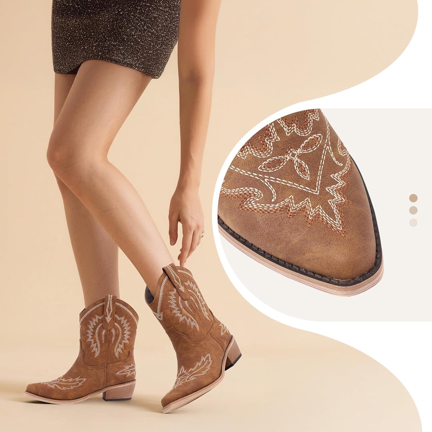 image:imageLingxiaUne Womens Cowboy BootsExquisitely Embroidered WesternStyle MidHeel Boots for Women Ankle Cowboy Boots For WomenBrownwhite Embroidery