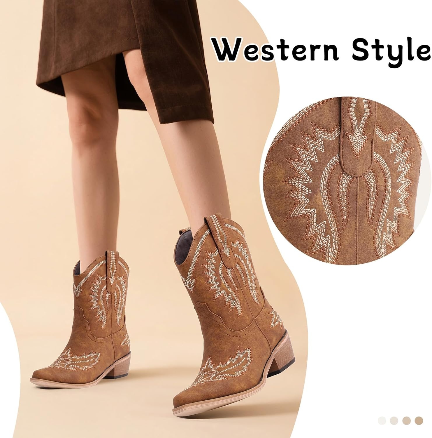 image:imageLingxiaUne Womens Cowboy BootsExquisitely Embroidered WesternStyle MidHeel Boots for Women Ankle Cowboy Boots For WomenBrownwhite Embroidery