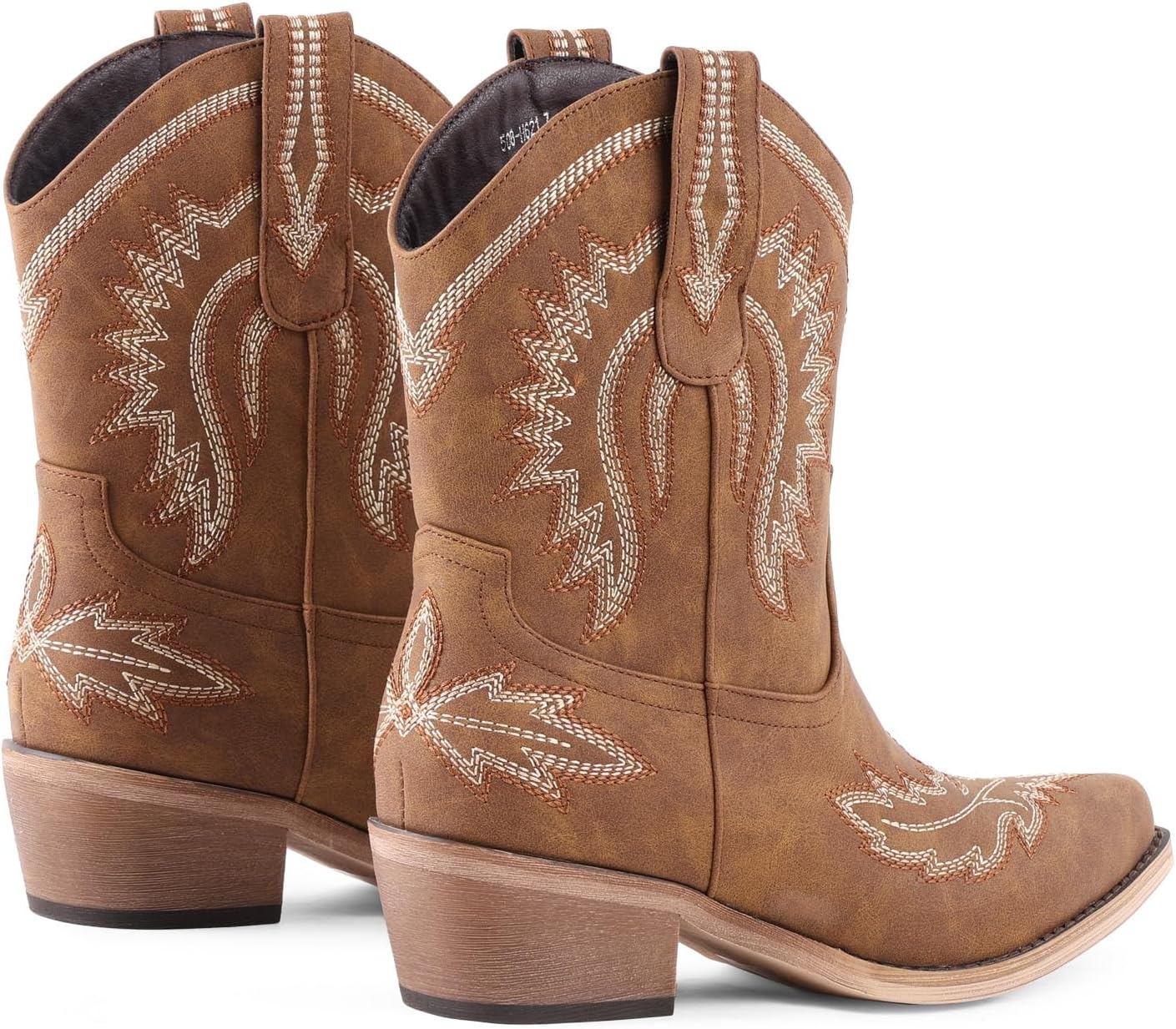 image:imageLingxiaUne Womens Cowboy BootsExquisitely Embroidered WesternStyle MidHeel Boots for Women Ankle Cowboy Boots For WomenBrownwhite Embroidery