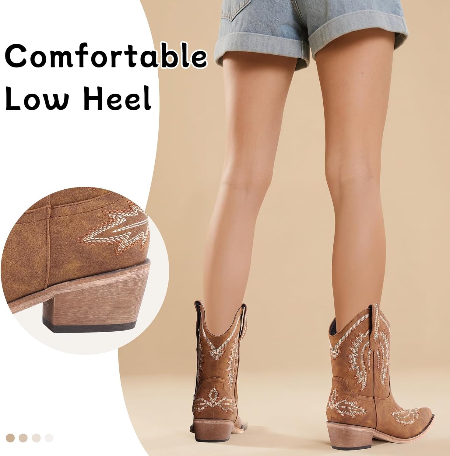 image:imageLingxiaUne Womens Cowboy BootsExquisitely Embroidered WesternStyle MidHeel Boots for Women Ankle Cowboy Boots For WomenBrownwhite Embroidery