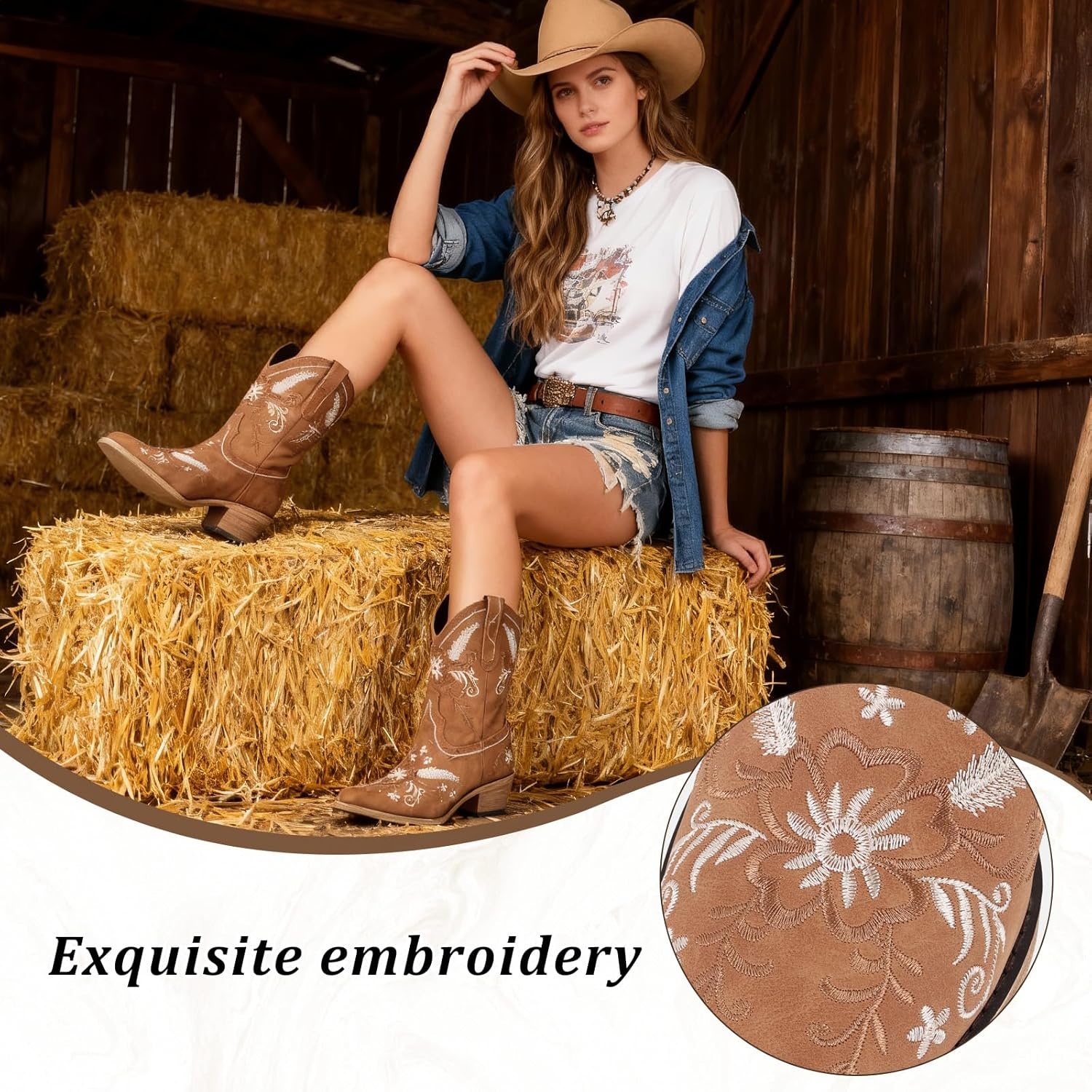 image:imageLingxiaUne Womens Cowboy BootsExquisitely Embroidered WesternStyle MidHeel Boots for Women Ankle Cowboy Boots For WomenLight Brown