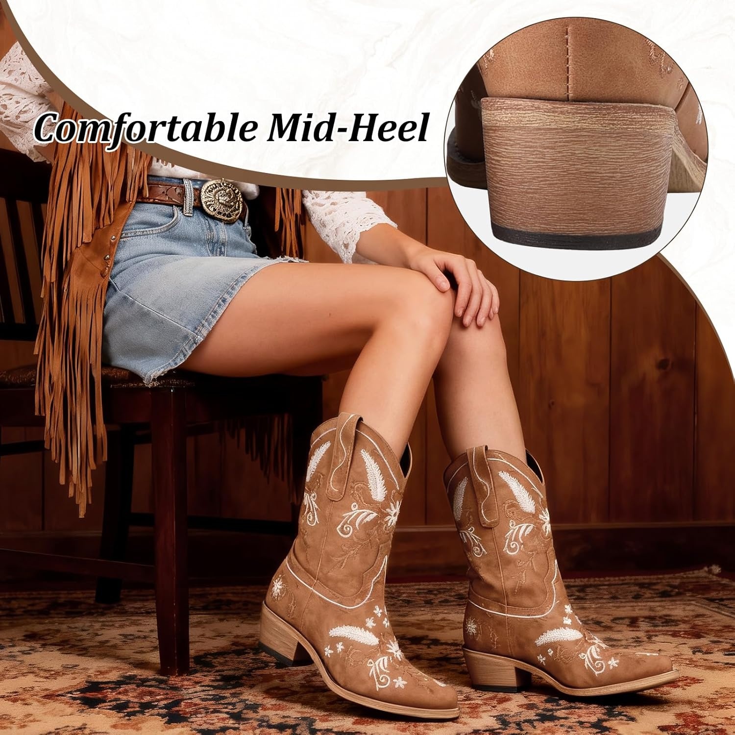 image:imageLingxiaUne Womens Cowboy BootsExquisitely Embroidered WesternStyle MidHeel Boots for Women Ankle Cowboy Boots For WomenLight Brown