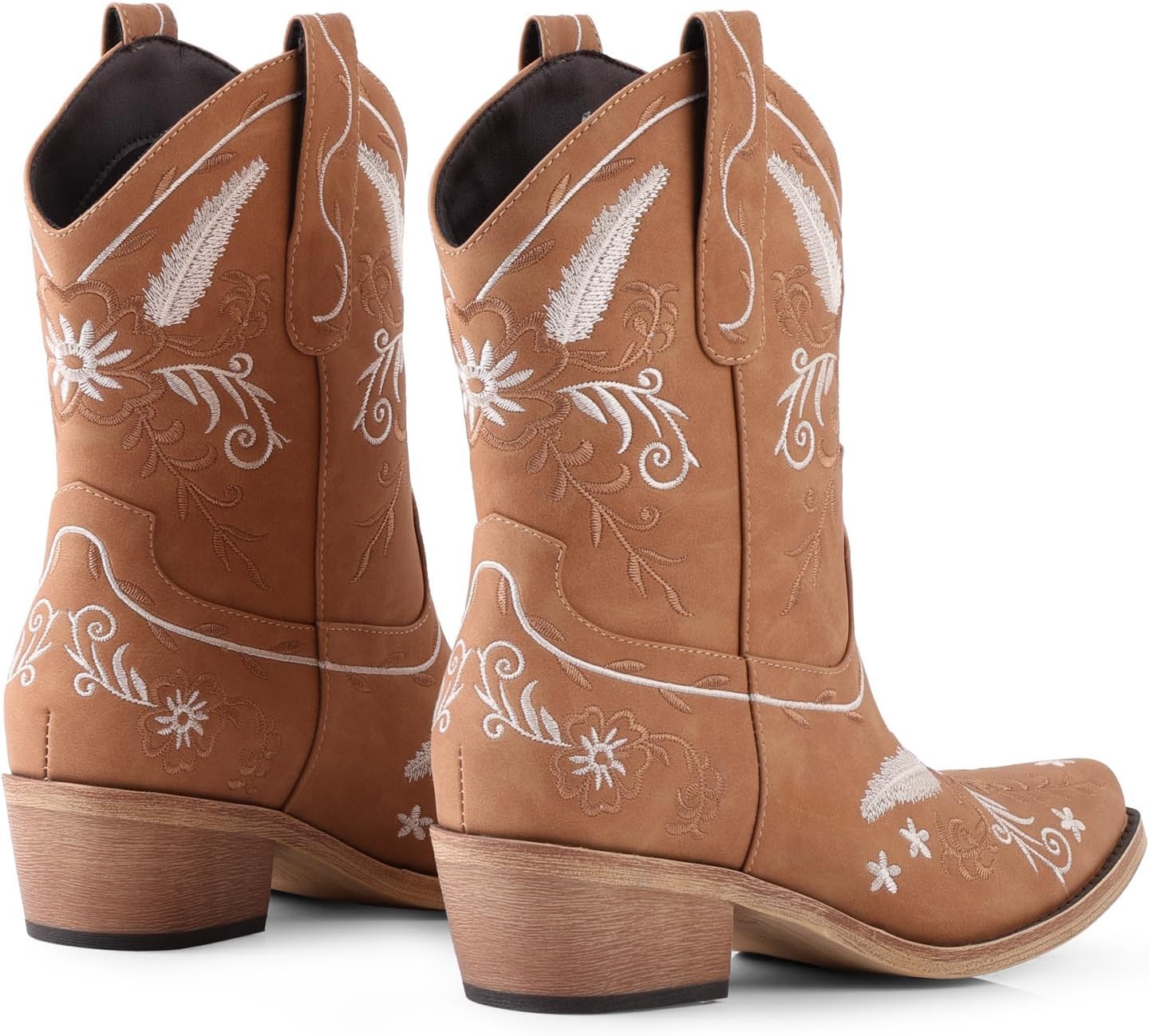 image:imageLingxiaUne Womens Cowboy BootsExquisitely Embroidered WesternStyle MidHeel Boots for Women Ankle Cowboy Boots For WomenLight Brown