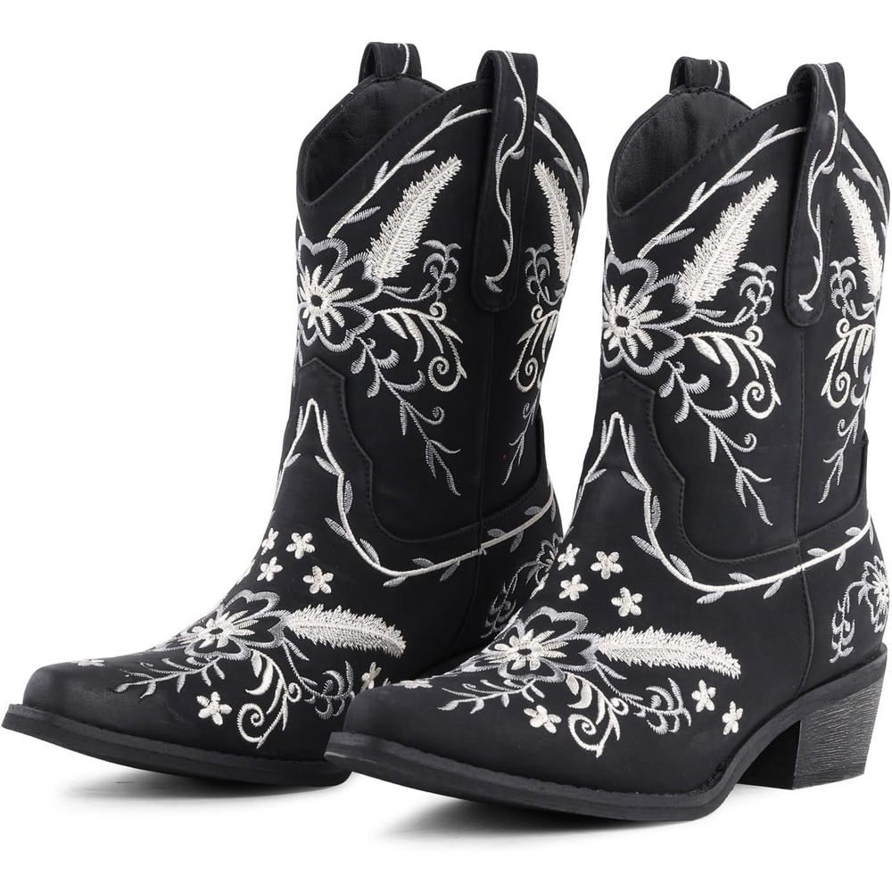 image:imageLingxiaUne Womens Cowboy BootsExquisitely Embroidered WesternStyle MidHeel Boots for Women Ankle Cowboy Boots For WomenBlack