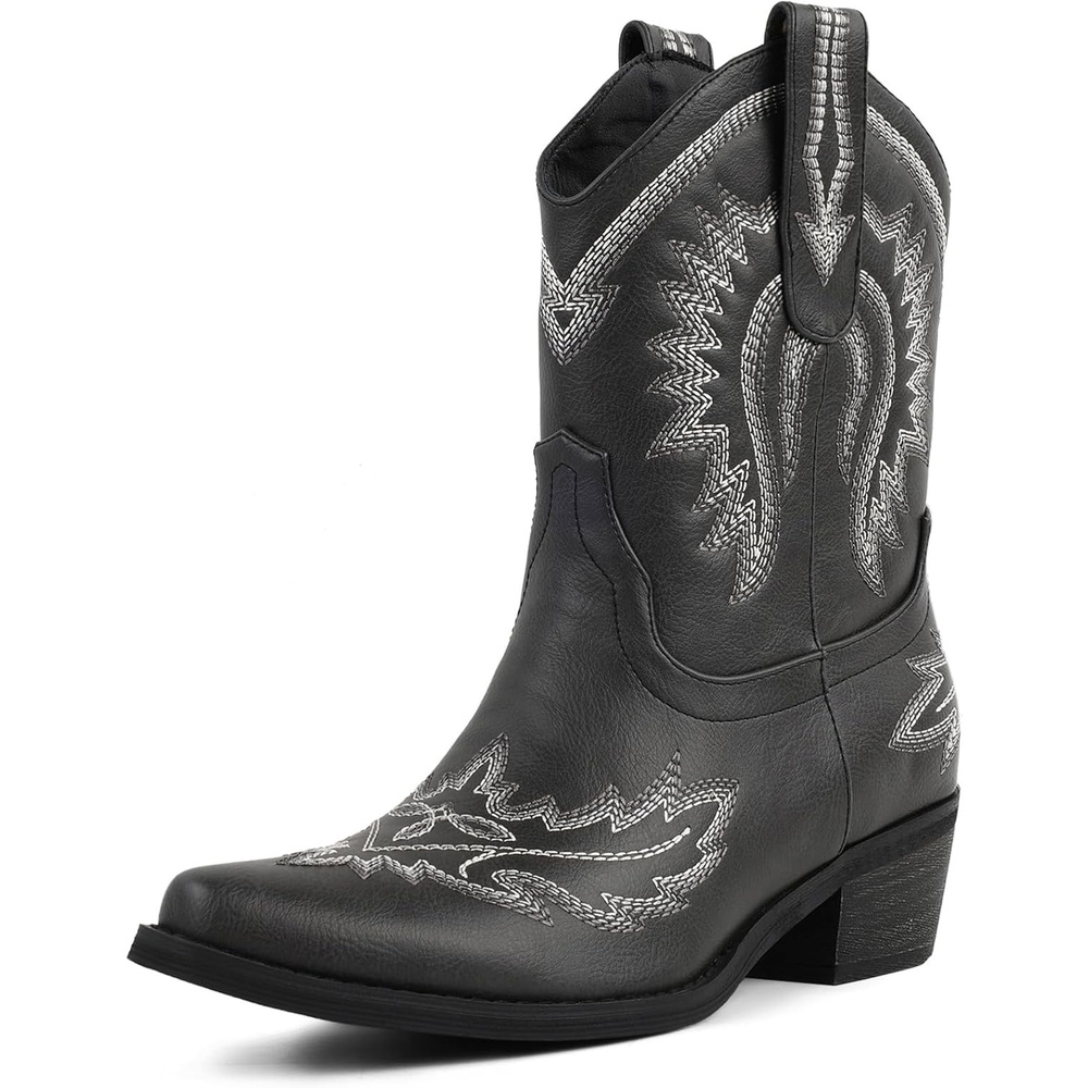 image:imageLingxiaUne Womens Cowboy BootsExquisitely Embroidered WesternStyle MidHeel Boots for Women Ankle Cowboy Boots For WomenBlackwhite Embroidery
