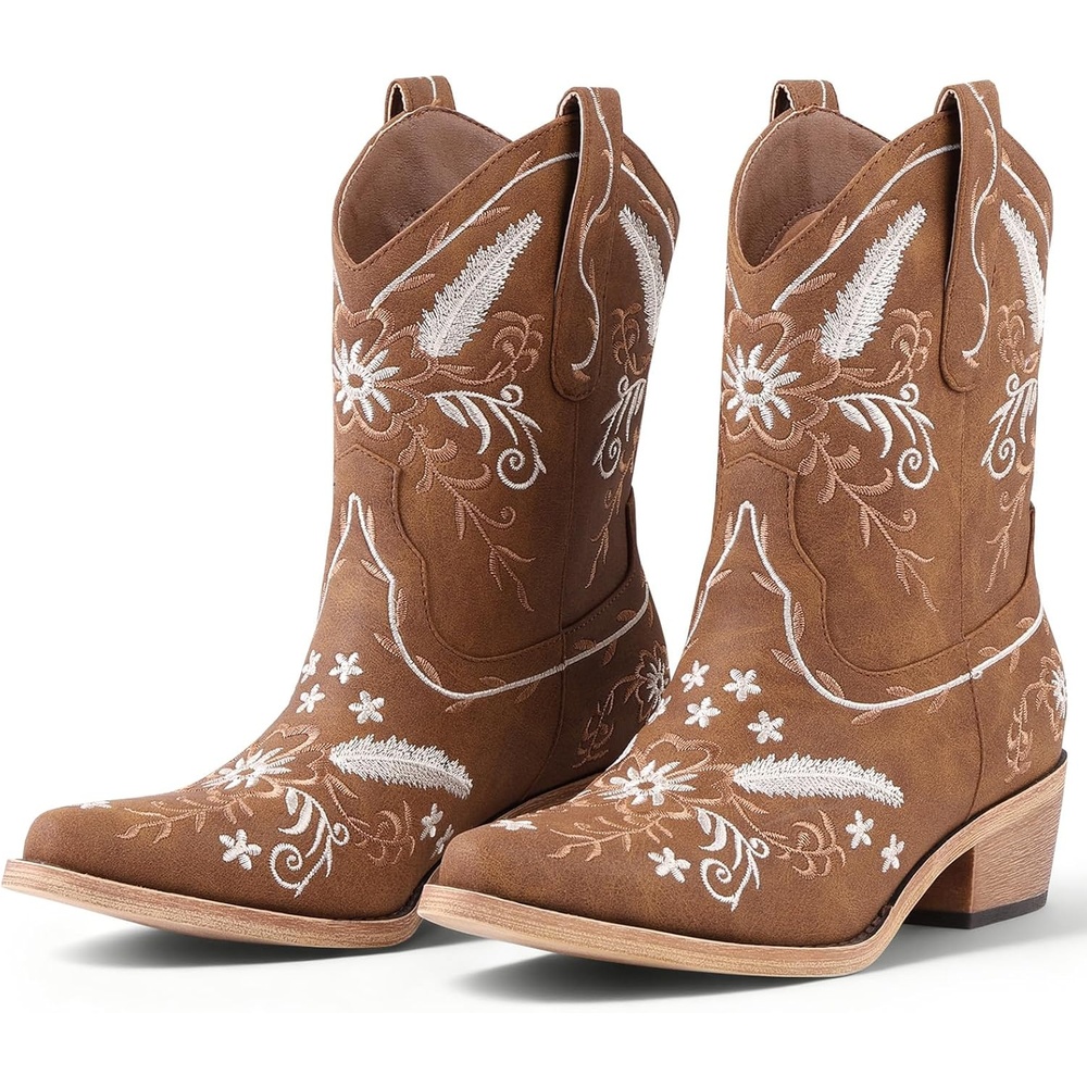 image:imageLingxiaUne Womens Cowboy BootsExquisitely Embroidered WesternStyle MidHeel Boots for Women Ankle Cowboy Boots For WomenBrown