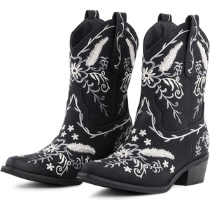 image:imageLingxiaUne Womens Cowboy BootsExquisitely Embroidered WesternStyle MidHeel Boots for Women Ankle Cowboy Boots For WomenBlack