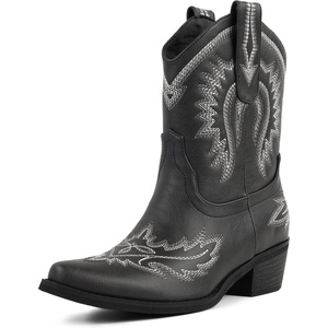 image:imageLingxiaUne Womens Cowboy BootsExquisitely Embroidered WesternStyle MidHeel Boots for Women Ankle Cowboy Boots For WomenBlackwhite Embroidery