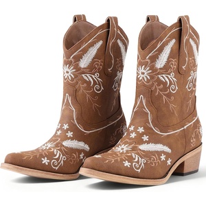 image:imageLingxiaUne Womens Cowboy BootsExquisitely Embroidered WesternStyle MidHeel Boots for Women Ankle Cowboy Boots For WomenBrown