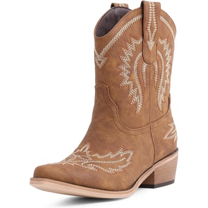image:imageLingxiaUne Womens Cowboy BootsExquisitely Embroidered WesternStyle MidHeel Boots for Women Ankle Cowboy Boots For WomenBrownwhite Embroidery