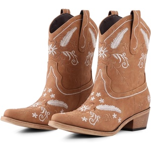 image:imageLingxiaUne Womens Cowboy BootsExquisitely Embroidered WesternStyle MidHeel Boots for Women Ankle Cowboy Boots For WomenLight Brown